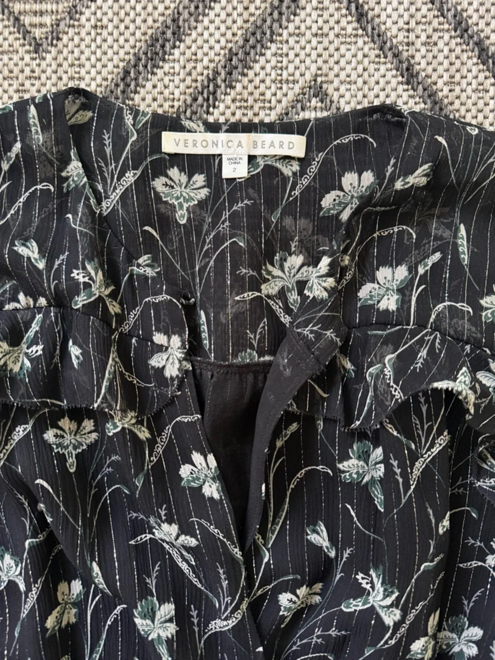 Veronica Beard Black Fitzgerald Metallic Ruched Floral Silk Mini Cocktail‎ Dress